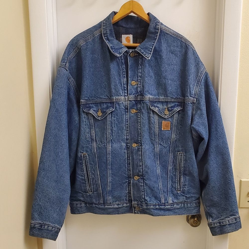 😍Rare vintage carhartt flannel lined denim jacket size men's XXL